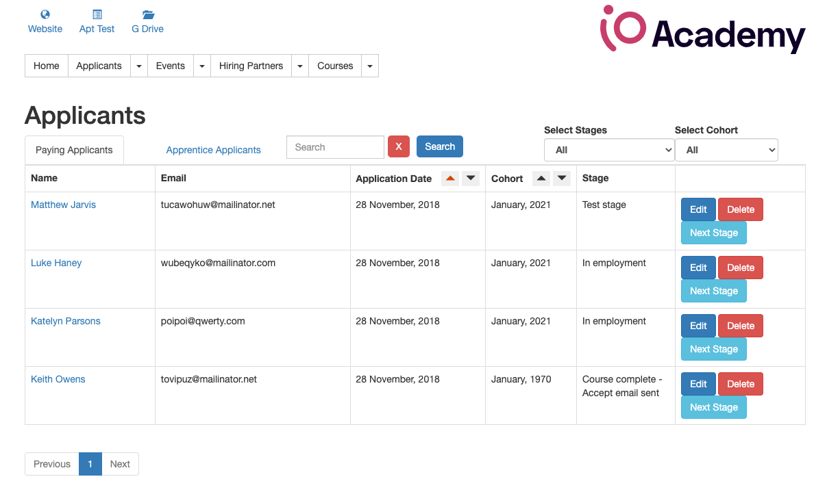 Screenshot showing the applicant stages view on the iO Academy Portal