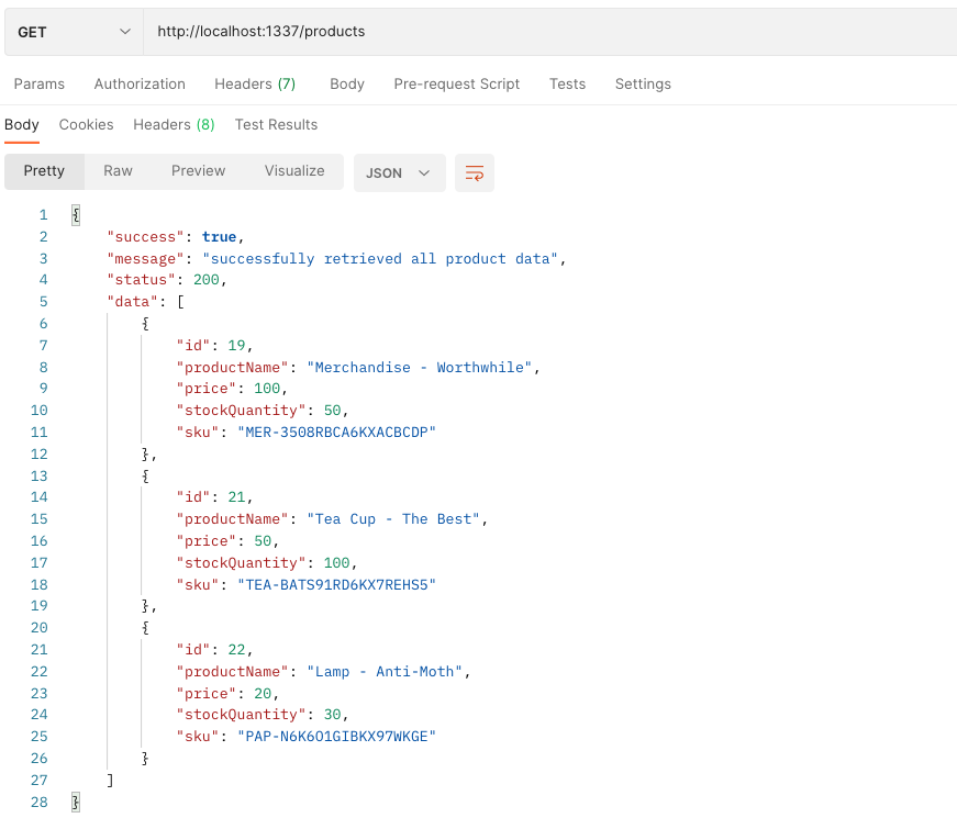Screenshot showing a get request from stock tracking API that retrieves product data